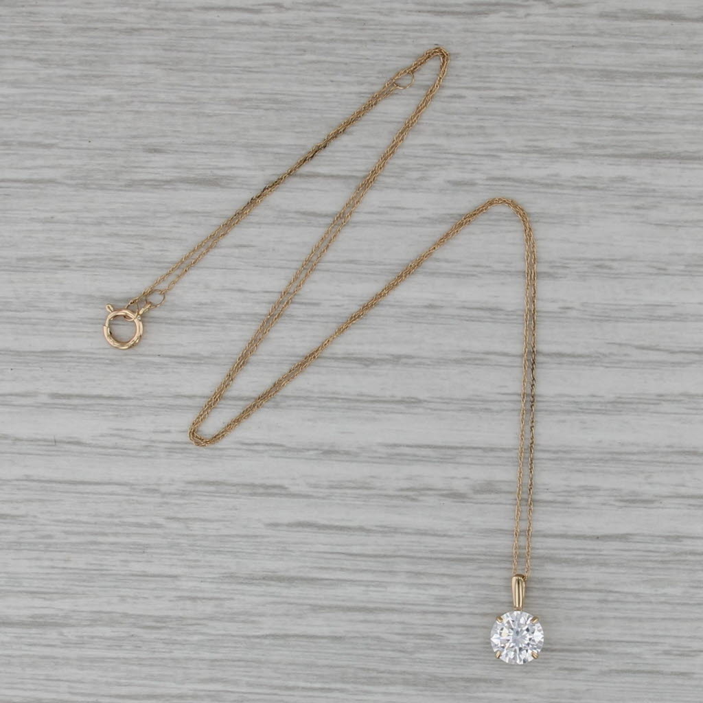 1.25ct Round Cubic Zirconia Pendant Necklace 14k Yellow Gold 16-18" Rope Chain