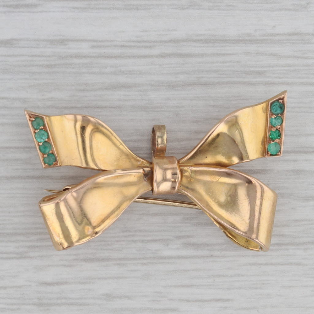 Gray Antique Bow Brooch 14k Yellow Gold 0.15ctw Emerald 1800s Pin