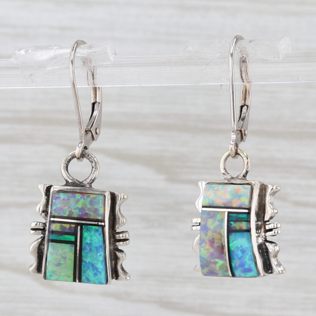 Light Gray Lab Created Blue Green Opal Mosaic Dangle Earrings Sterling Silver 14k Gold