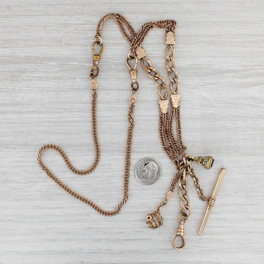Light Gray Victorian Antique Watch Fob Chain Necklace Pendant Glass Gold Filled