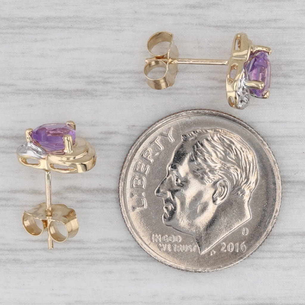 Gray 0.78ctw Amethyst Heart Stud Earrings 10k Yellow Gold Diamond Accents