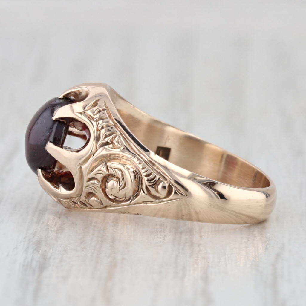Antique Garnet Solitaire Ring 9k-10k Gold Ornate Floral Pattern Belcher Setting