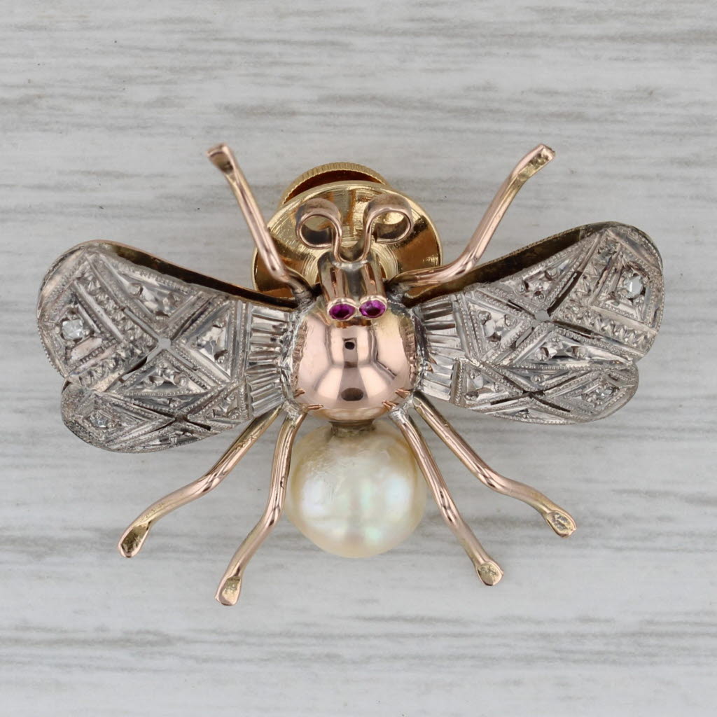 Gray Vintage Flying Insect Bug Brooch 14k Gold Pearl Lab Created Ruby Pin