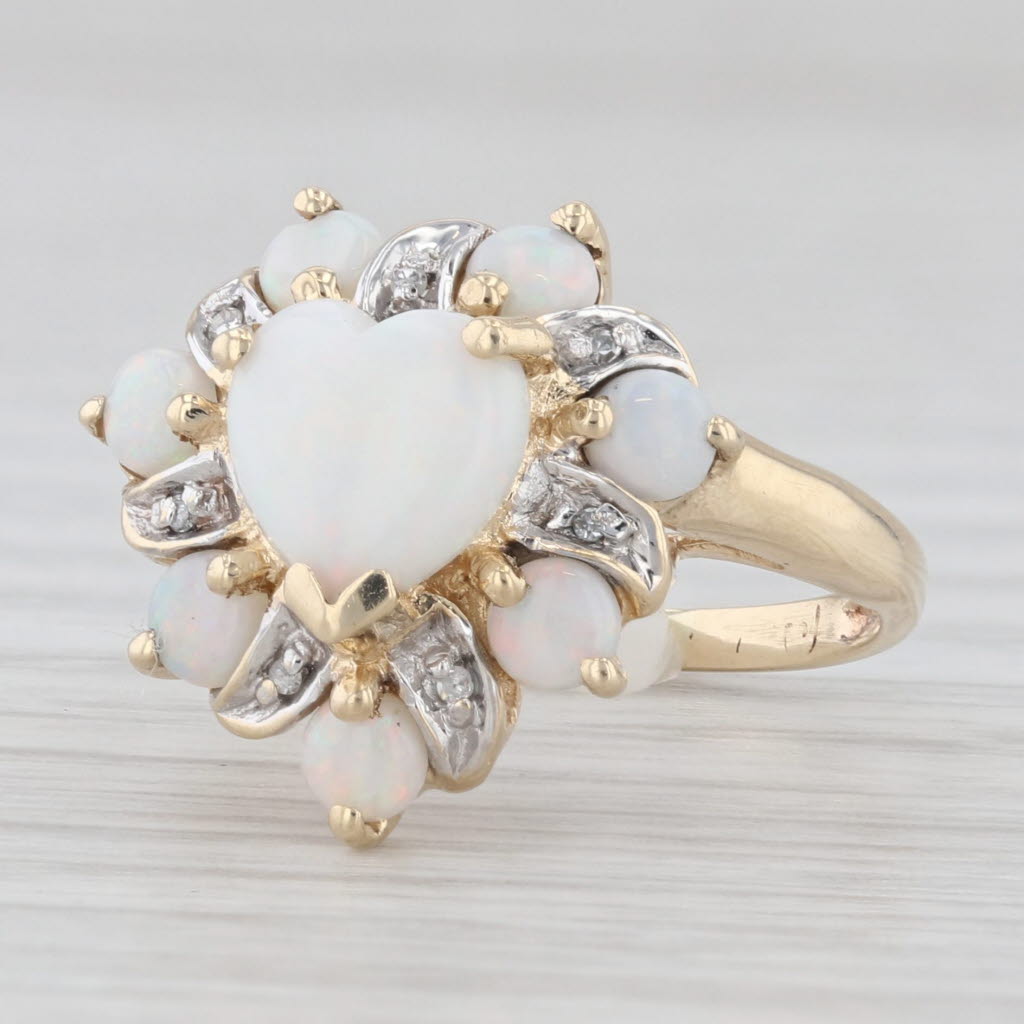 Light Gray Opal Heart Halo Diamond Ring 10k Yellow Gold Size 4.25