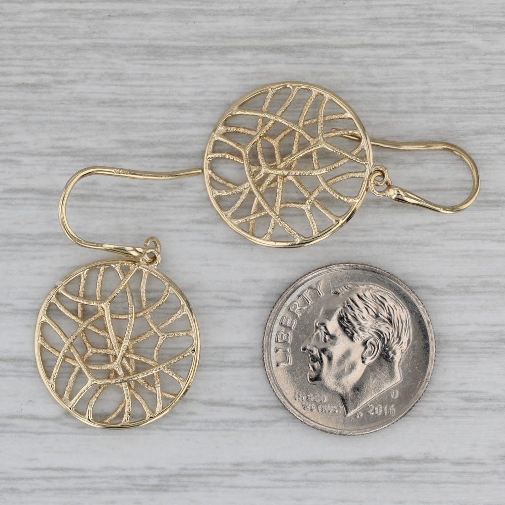 Dark Gray Abstract Filigree Circle Dangle Earrings 14k Yellow Gold Hook Posts