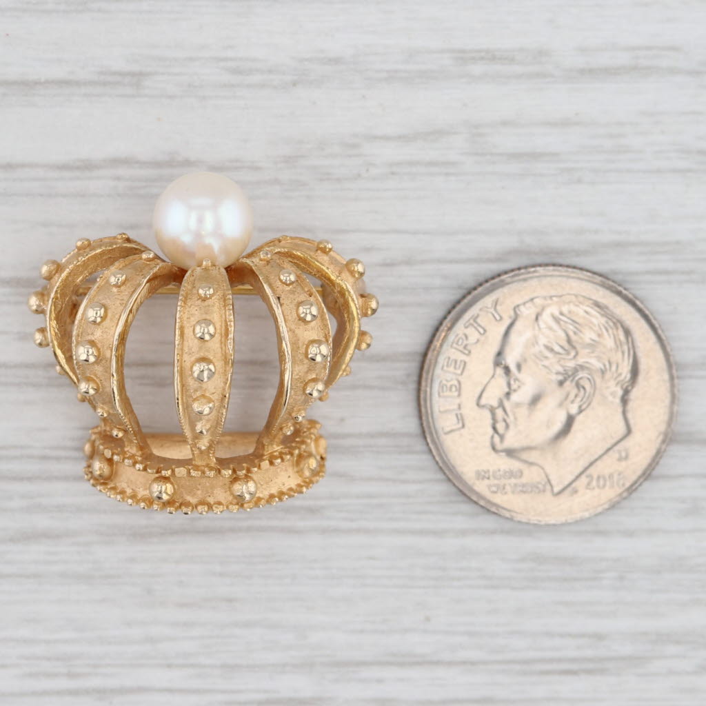 Light Gray Cultured Pearl Crown Brooch 14k Yellow Gold Statement Pin