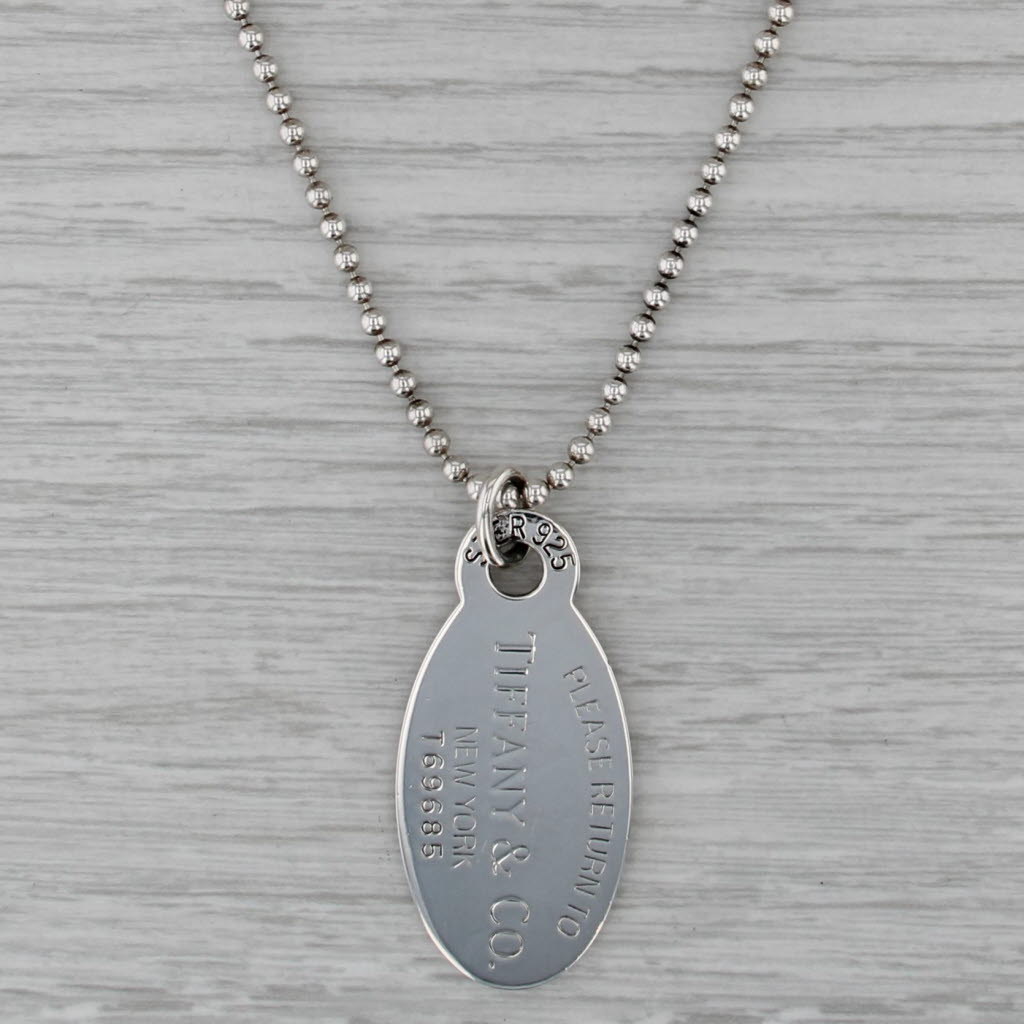 Engravable Tiffany & CO ID Tag Pendant Necklace Sterling Silver 34" Bead Chain