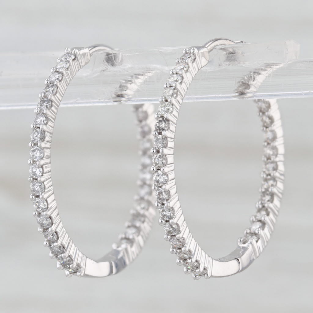 0.97ctw Diamond Inside Out Hoop Earrings 14k White Gold Round Hoops Snap Top