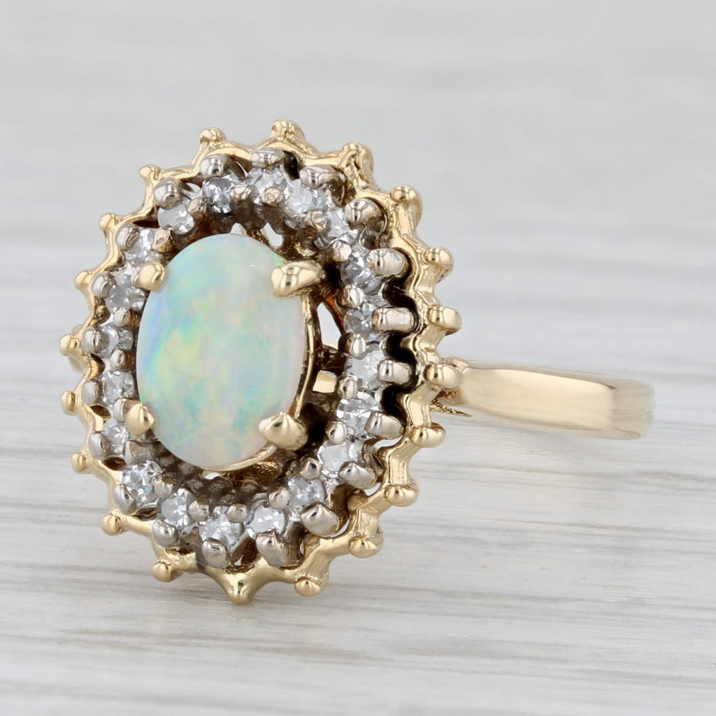 Light Gray Oval Opal Cabochon Diamond Halo Ring 14k Yellow Gold Size 6.5