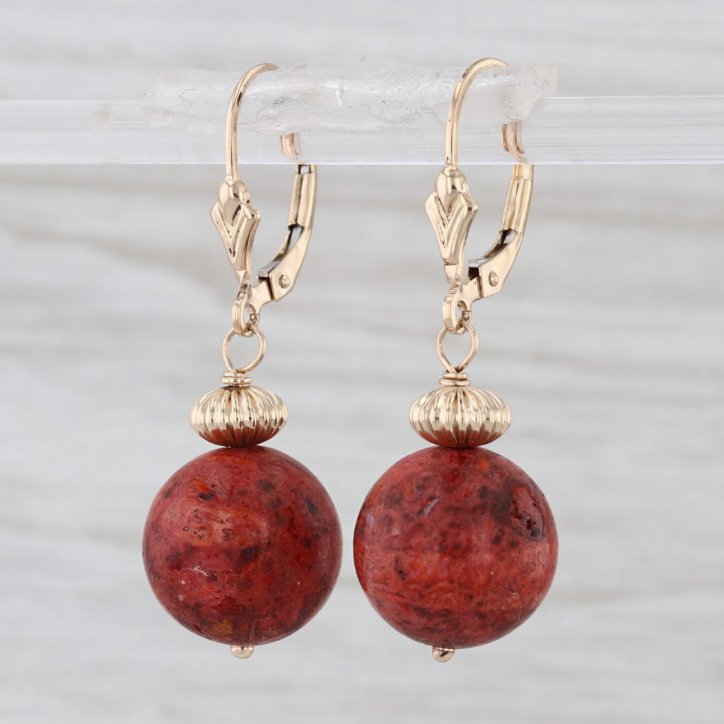 Resin Coral Bead Dangle Earrings 14k Yellow Gold Lever Backs