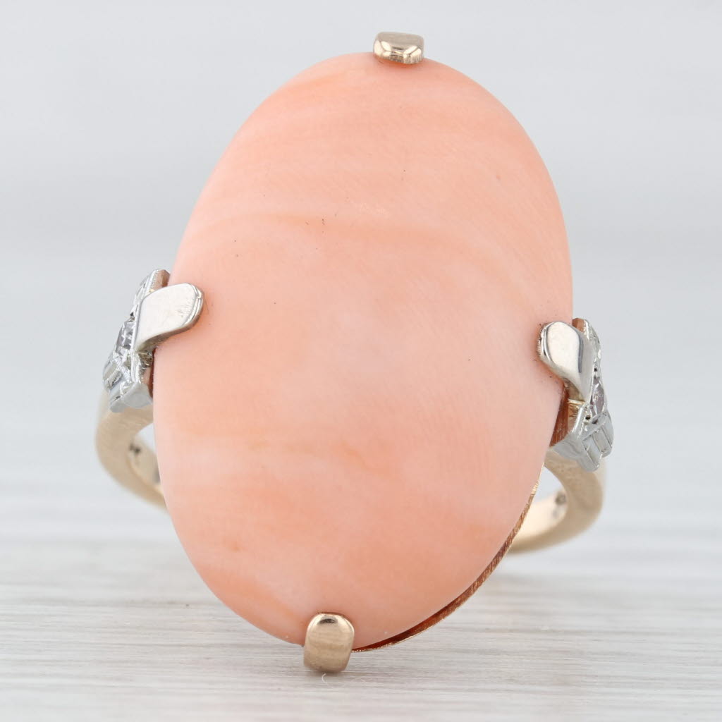 Vintage Coral Diamond Ring 14k Yellow White Gold Size 5.75 Oval Cabochon