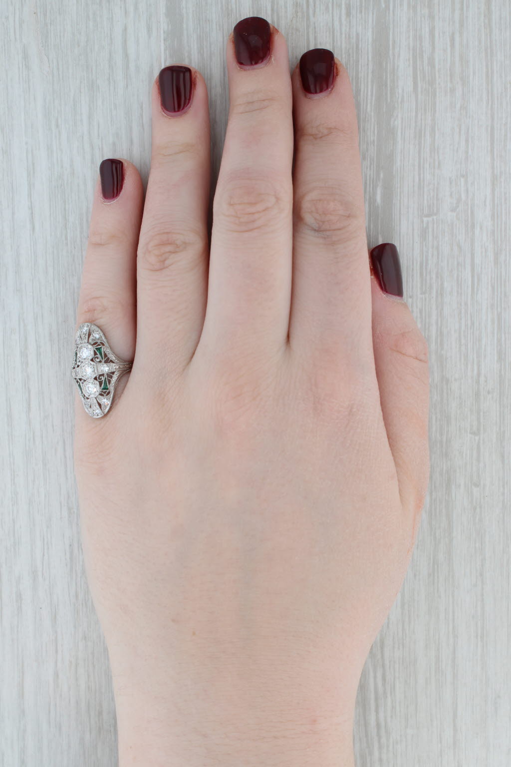 Gray Art Deco 0.40ctw Diamond Lab Created Emerald Ring Platinum Filigree Size 6