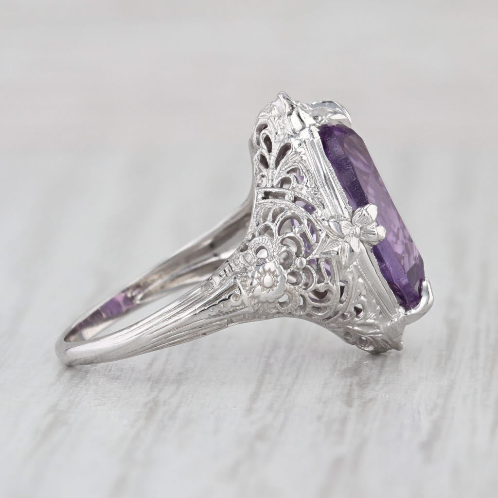 Art Deco 5ct Marquise Amethyst Solitaire Ring 18k White Gold Filigree Floral