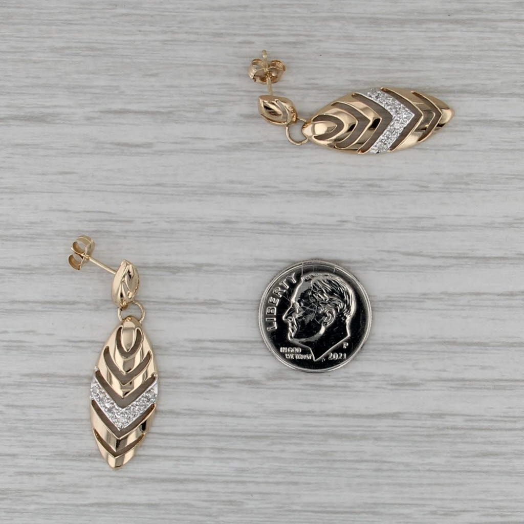 0.10ctw Diamond Chevron Leaf Dangle Earrings 14k Yellow Gold Pierced Drops