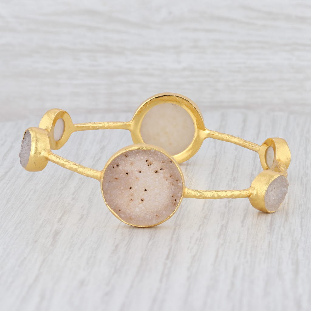 New Nina Nguyen 8" Bangle Bracelet Druzy Quartz 22k Gold Vermeil Sterling Silver