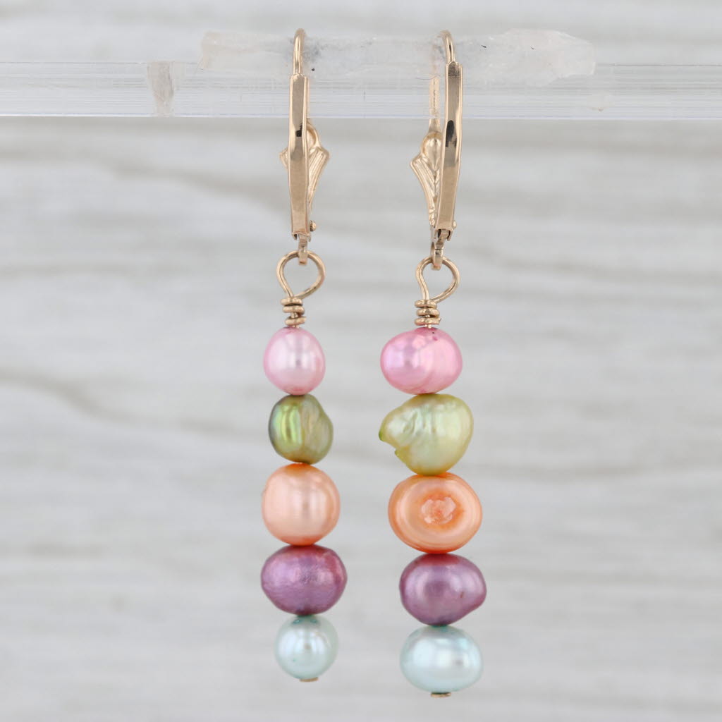 Multicolor Cultured Pearl Dangle Earrings 14k Yellow Gold Lever Back Drops