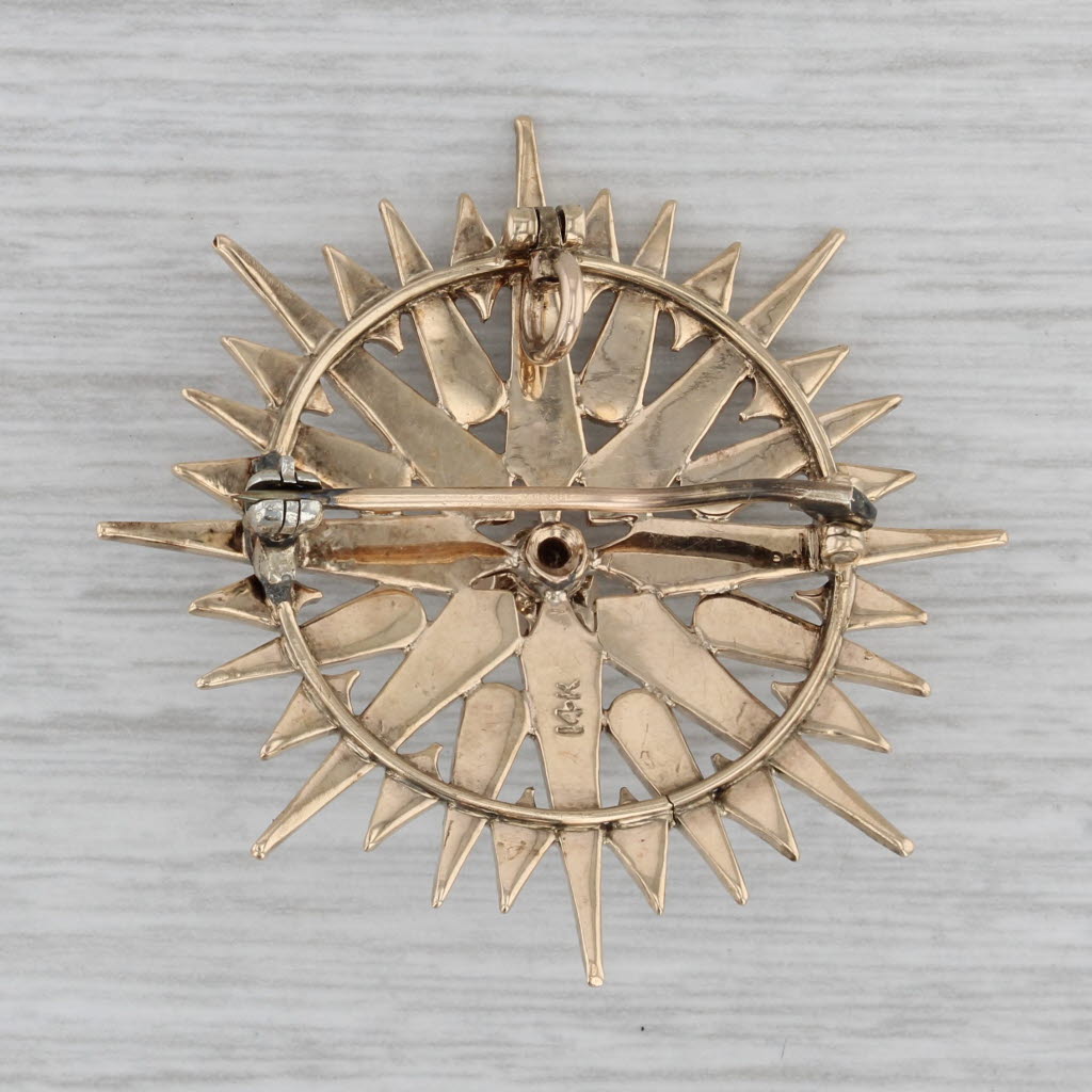 Gray Imitation Pearl Sun Brooch 14k Yellow Gold Vintage Pin
