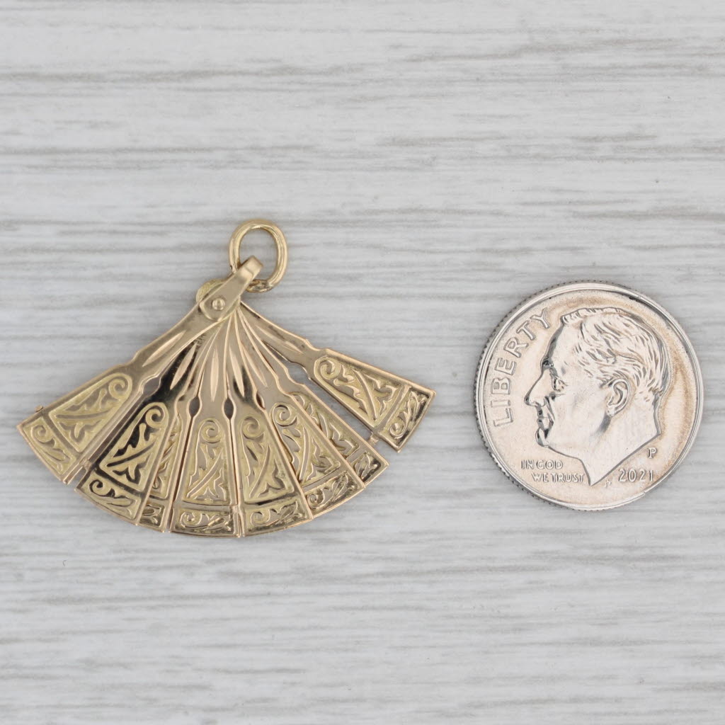 Gray Vintage Fan Charm 18k Yellow Gold Folds Unfolds Pendant
