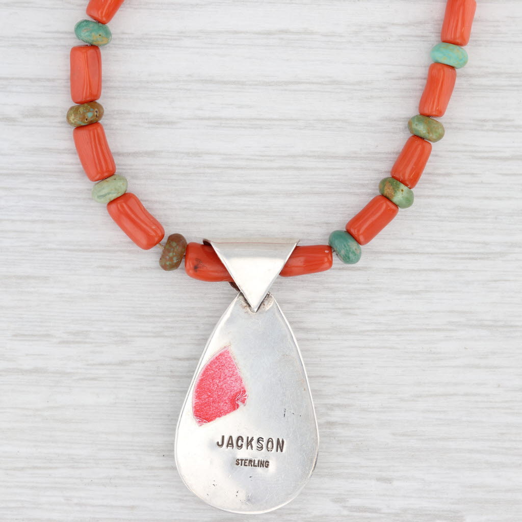 Light Gray Jackson Turquoise Coral Bead Necklace Sterling Silver Native American Navajo