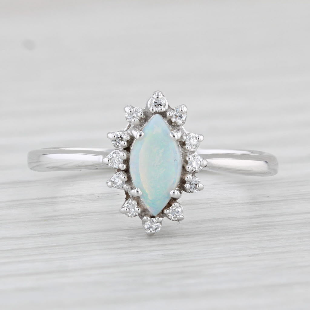 Light Gray Marquise Cabochon Opal Diamond Halo Ring 10k White Gold Size 8.25