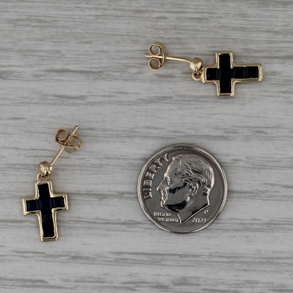 1.50ctw Blue Sapphire Cross Dangle Earrings 10k Yellow Gold Drops