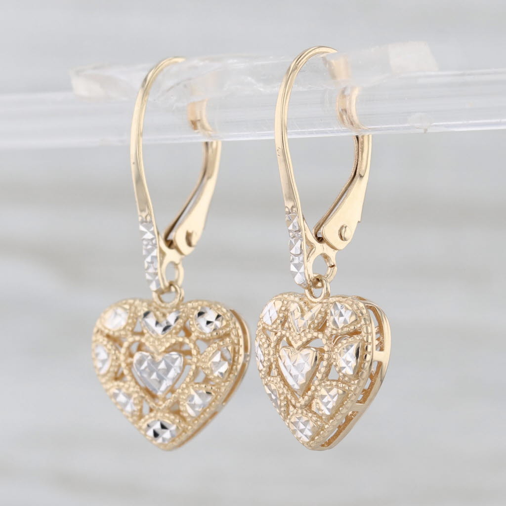 Heart Drop Earrings 14k Yellow White Gold Dangles Lever Backs