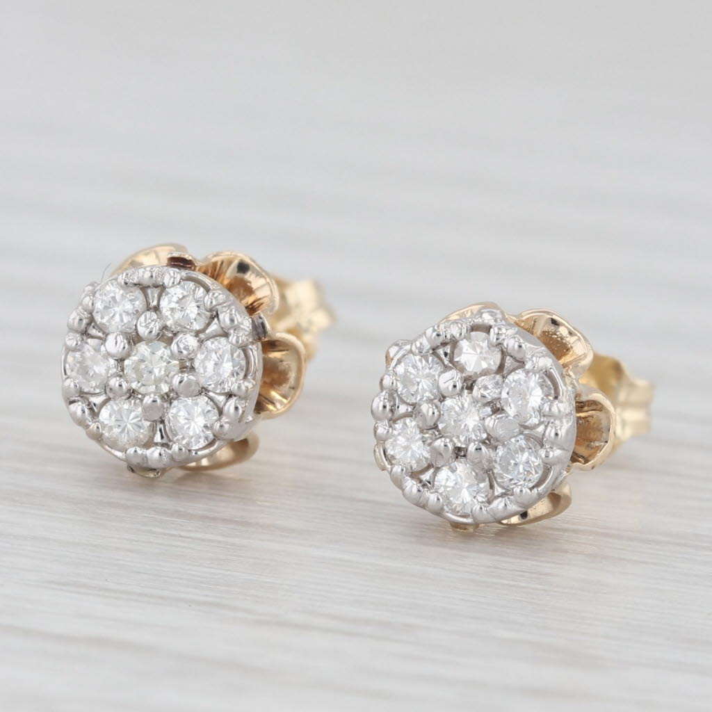 Light Gray 0.24ctw Diamond Cluster Stud Earrings 14k Gold Buttercup Flower