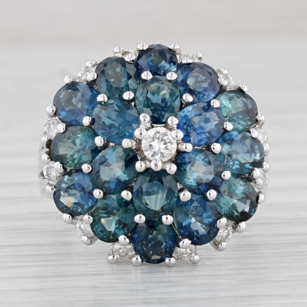 Light Gray 8.42ctw Blue Sapphire Diamond Flower Cluster Ring 14k White Gold Size 7.75
