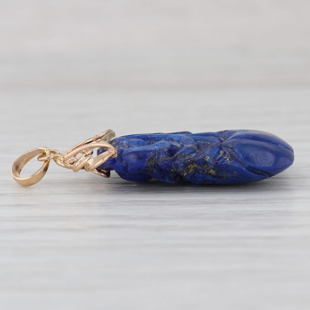 Carved Blue Lapis Lazuli Flower Pendant 14k Yellow Gold
