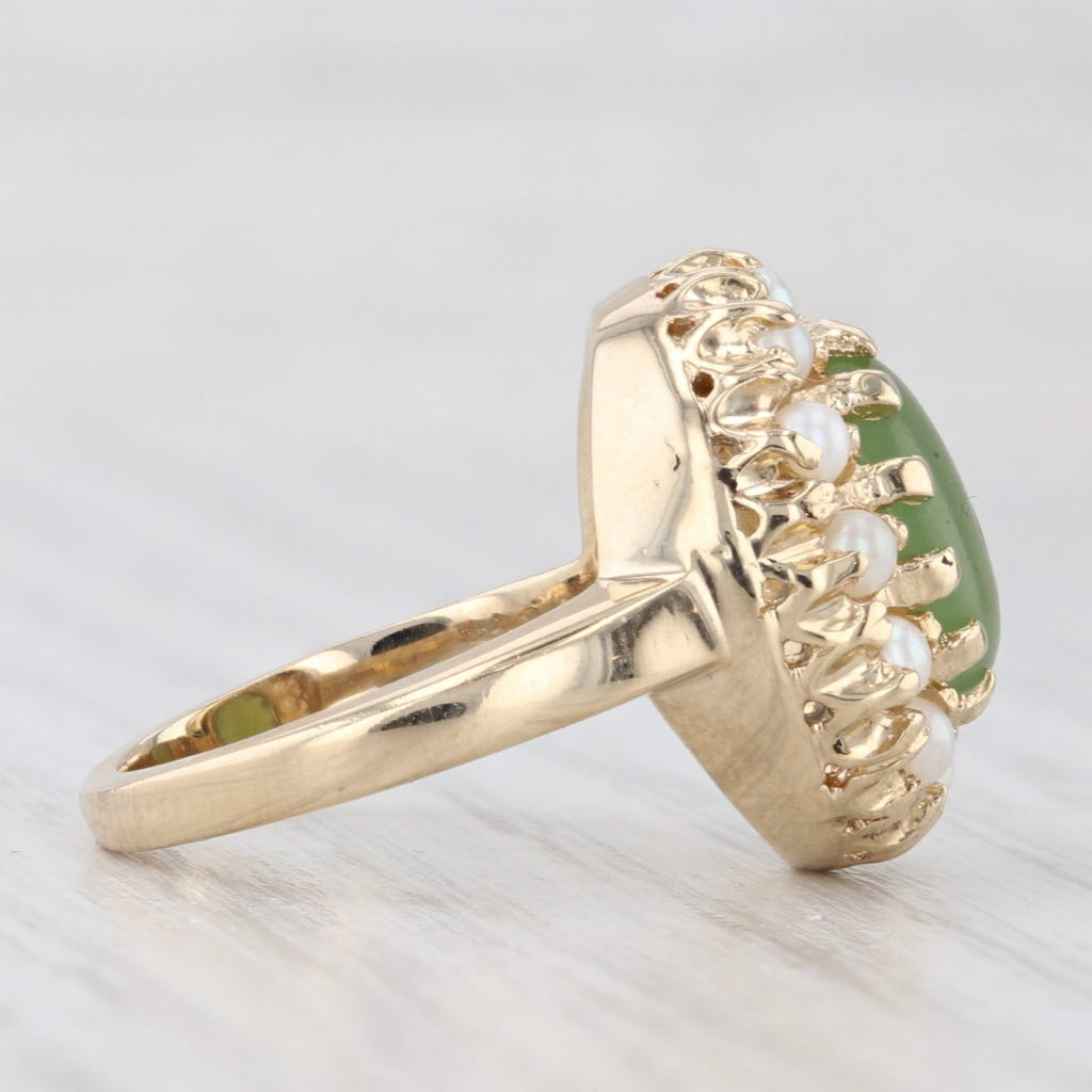 Light Gray Green Nephrite Jade Cultured Pearl Halo Ring 14k Yellow Gold Size 4.75