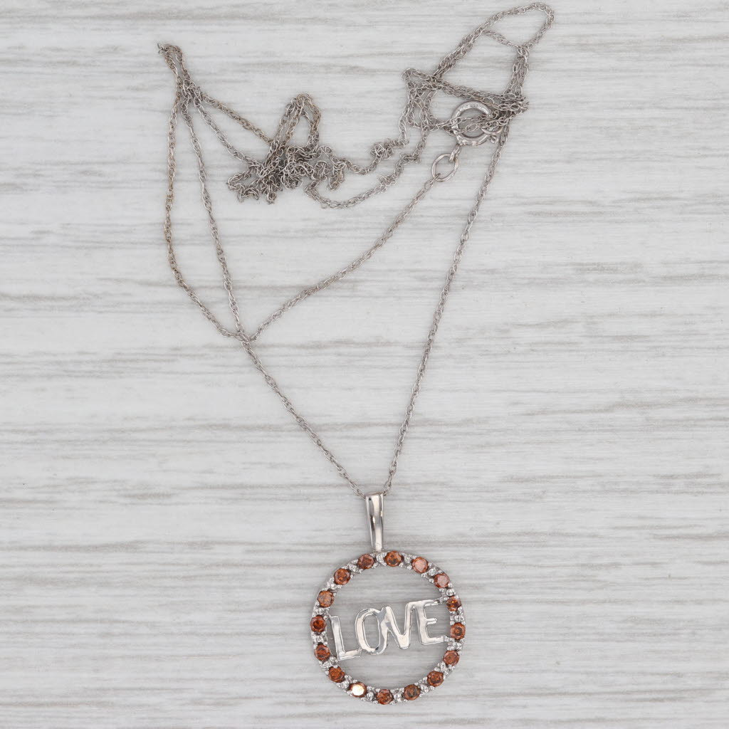 Light Gray 0.24ctw Brown Orange Diamond Love Circle Pendant Necklace 14k White Gold 18"