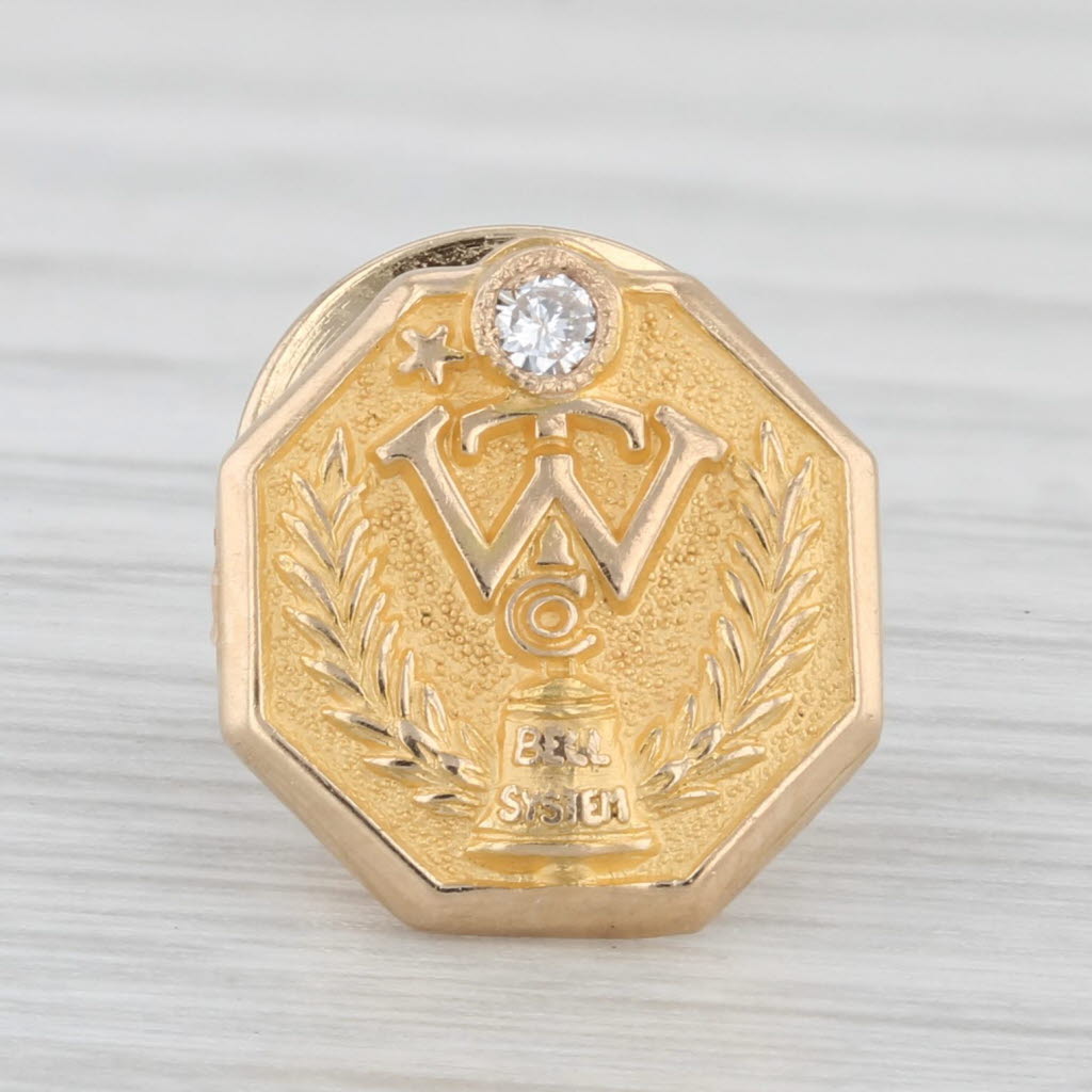 Light Gray Bell System TW Co Service Pin 14k Yellow Gold Diamond Lapel