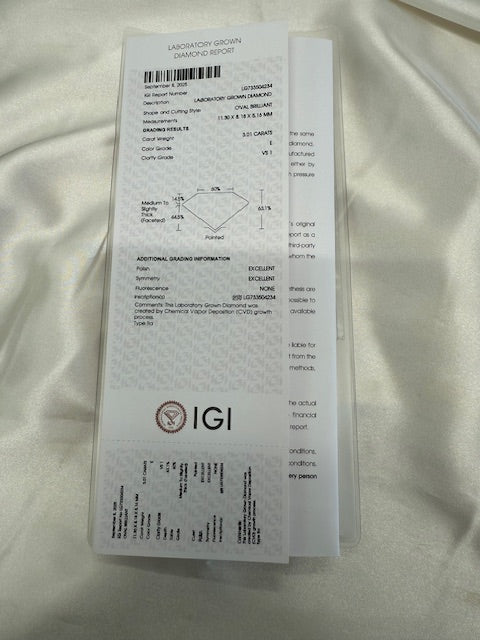 New IGI 3.73ctw Oval Lab Grown Diamond Engagement Ring 14k Yellow Gold