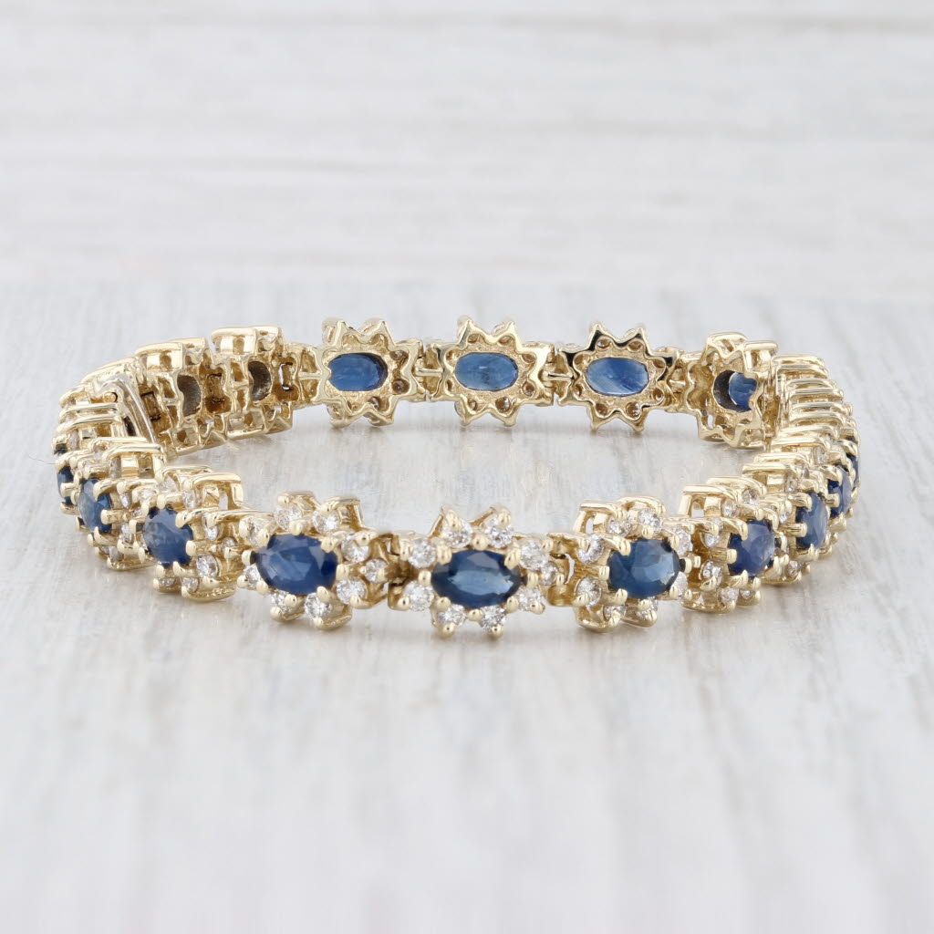 Light Gray Blue Sapphire Diamond Halo Tennis Bracelet 14k Yellow Gold 6.75" 7.6mm