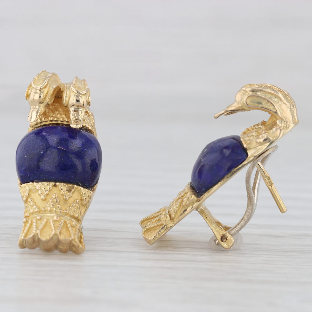 Light Gray Vintage Blue Lapis Lazuli Double Bird Drop Earrings 18k Yellow Gold Omega Backs