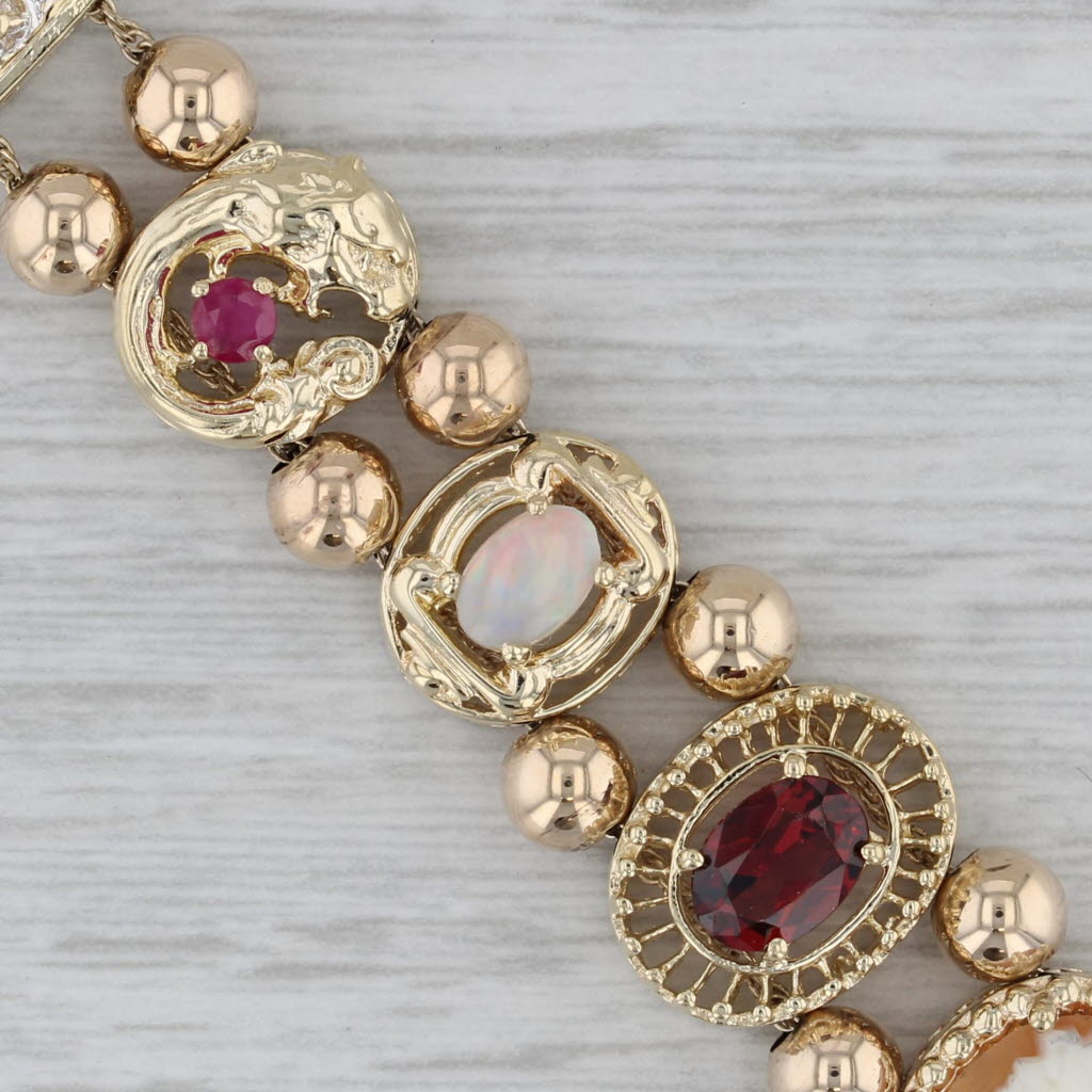 Gray Gemstones Slide Charm Bracelet 10k Gold 7.25" Cameo Amethyst Emerald Topaz Opal