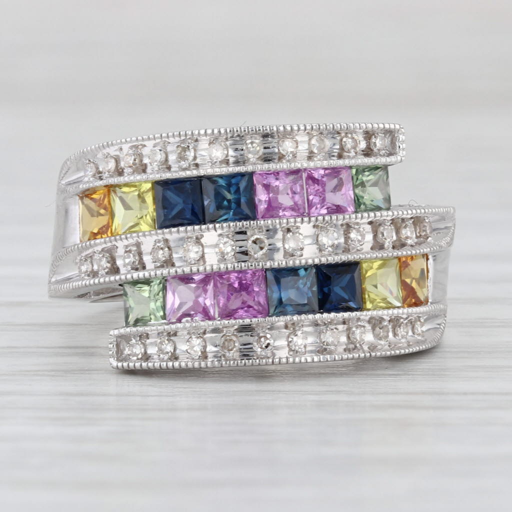 2.38ctw Multicolor Sapphire Diamond Bypass Ring 14k White Gold Size 7-7.25