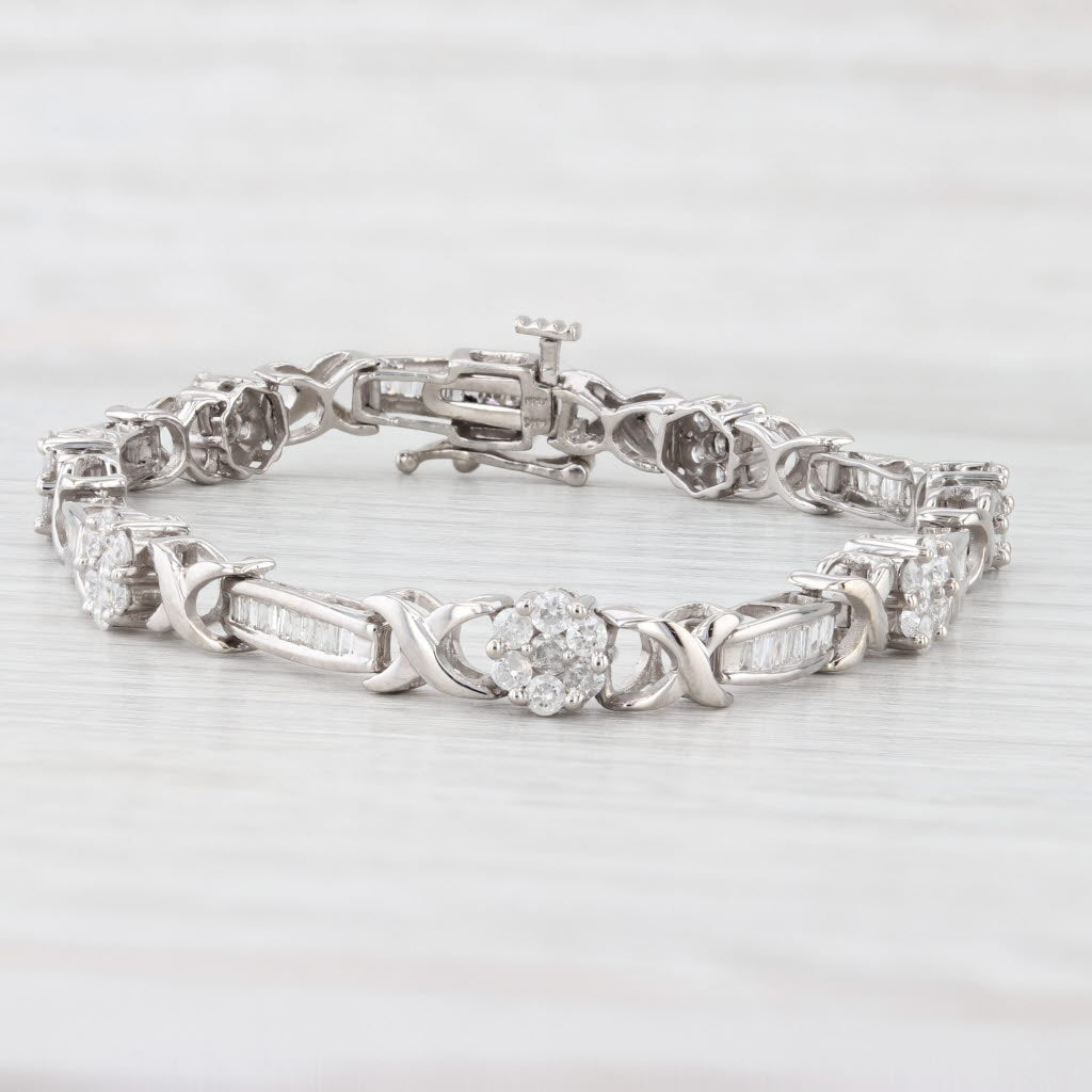 Light Gray 2.25ctw Diamond Flower Cluster Bar Links Tennis Bracelet 14k White Gold 7.5"