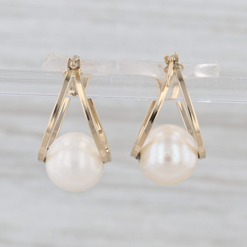 Cultured Pearl Oval Hoop Earrings 14k Yellow Gold Snap Top Hoops