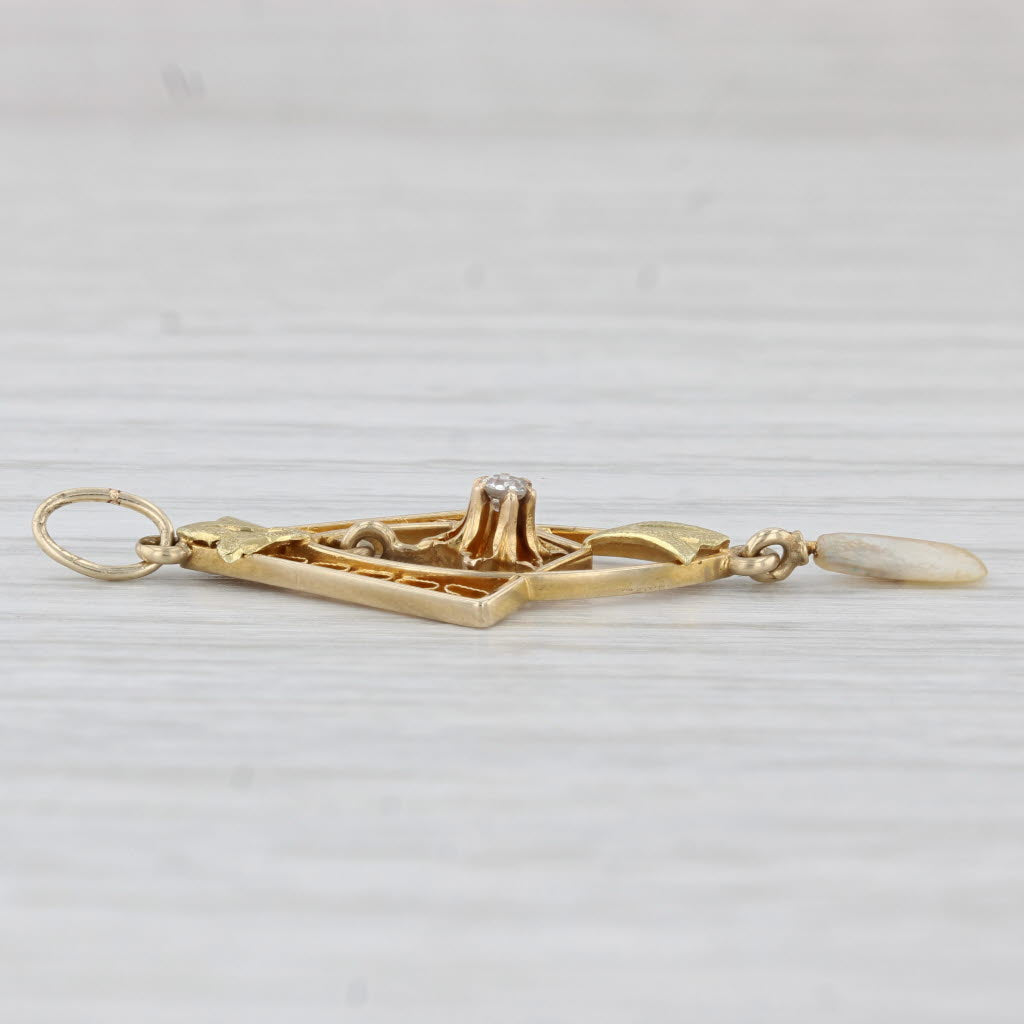 Light Gray Antique Lavalier Pendant Pearl Diamond 14k Yellow Gold Filgiree