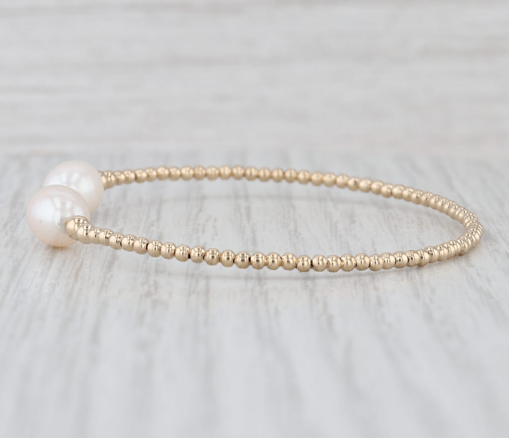 Cultured Pearl Bead Cuff Bracelet 14k Yellow Gold 7" Adjustable