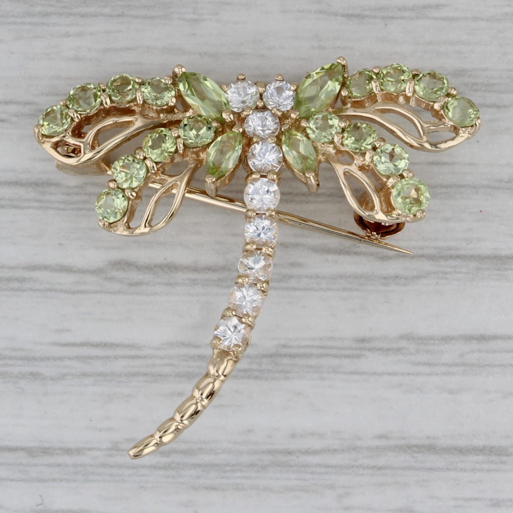 Gray 2.58ctw Green Peridot White Sapphire Dragonfly Brooch Pendant 10k Gold Pin