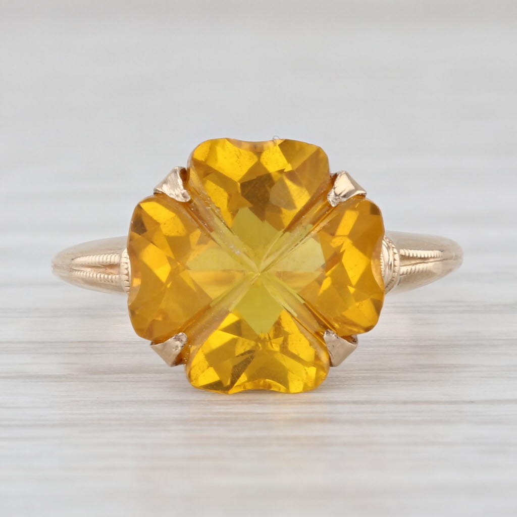 Lab Created Yellow Sapphire Shamrock Clover Flower Ring 10k Yellow Gold Size 5