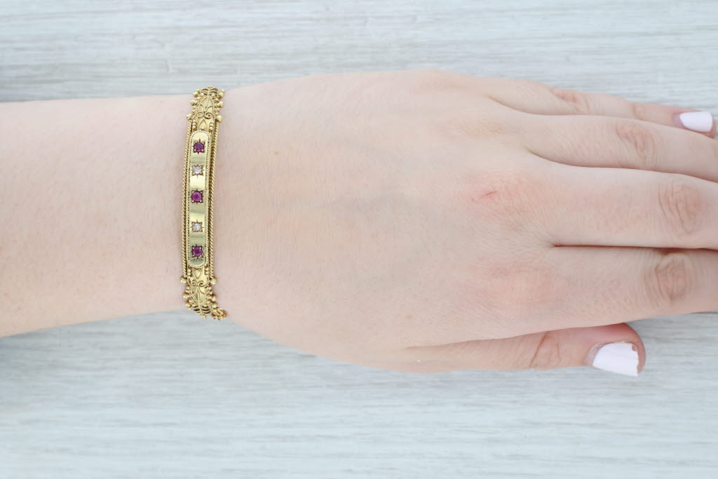 Light Gray Antique Ruby Diamond Ornate Bangle Bracelet 15k Yellow Gold 6.75" Engraved