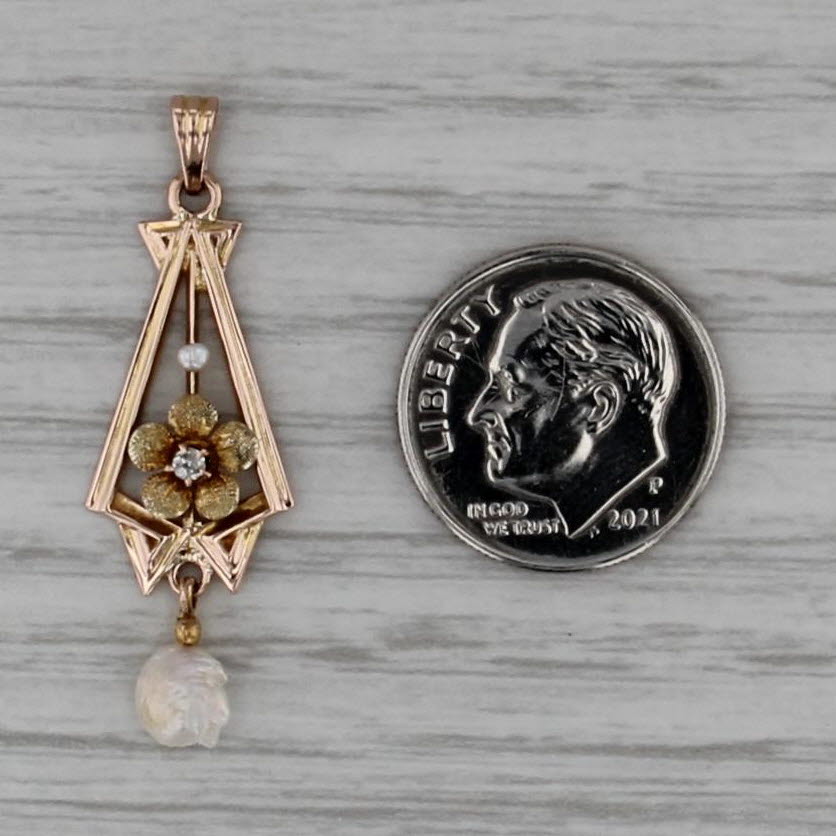 Antique Baroque Pearl Diamond Flower Pendant 10k Yellow Gold Drop