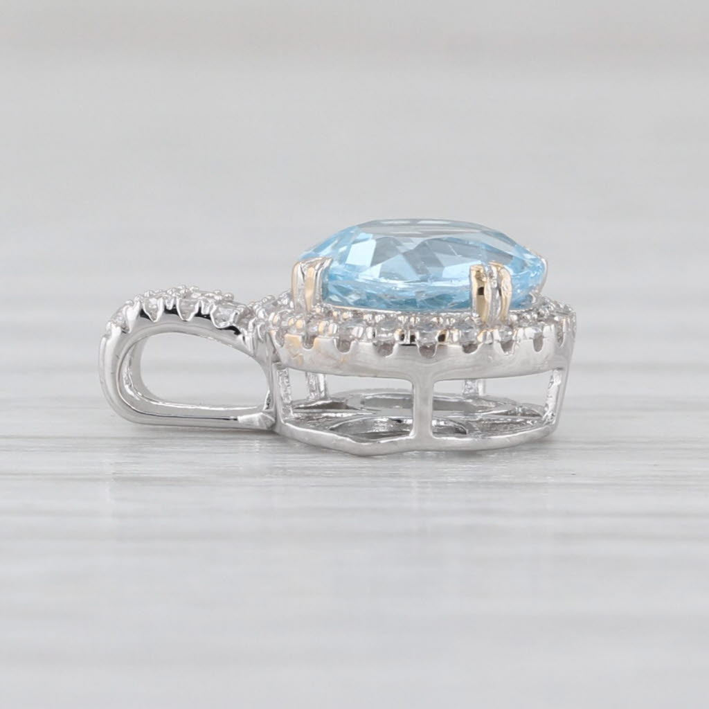 1.45ctw Blue Topaz Diamond Halo Pendant 14k White Gold Small Drop