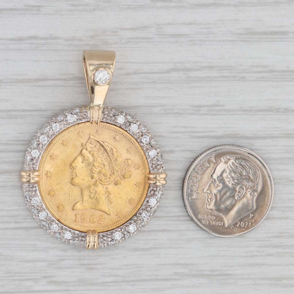Gray 0.66ctw Diamond Bezel 5 Dollar 1902 Liberty Coin Pendant 14k Yellow White Gold