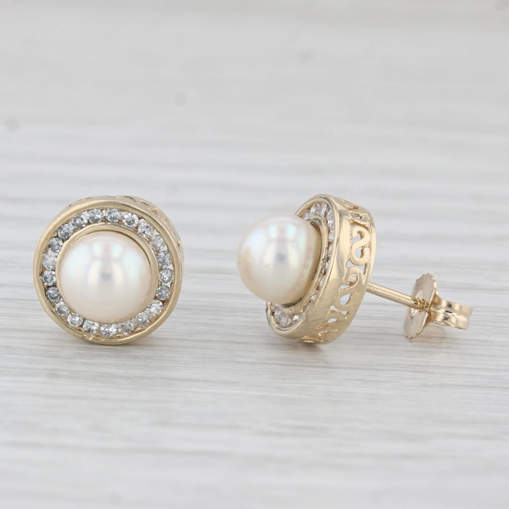 Light Gray Cultured Pearl 0.20ctw Diamond Halo Stud Earrings 14k Yellow Gold
