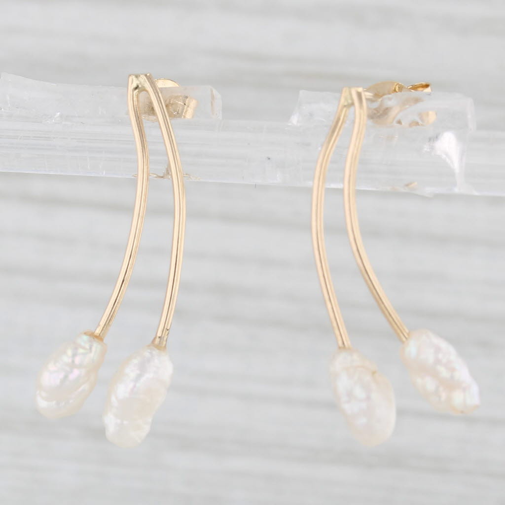 Light Gray Freshwater Rice Krispie Baroque Pearl Drop Earrings 14k Yellow Gold
