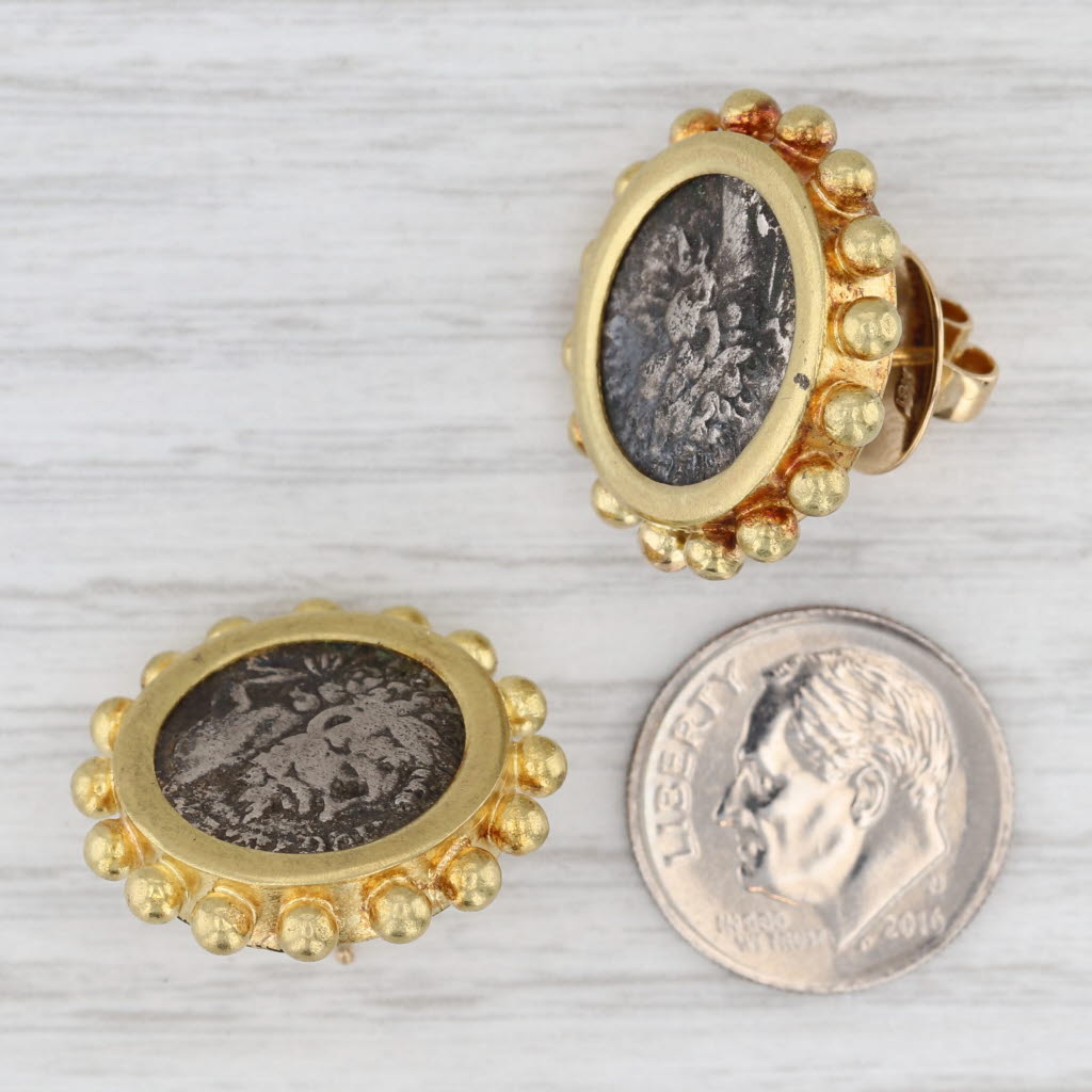 Light Gray Elizabeth Locke Silver Ancient Coin Stud Earrings 18k Yellow Gold Statement